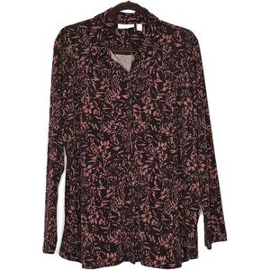Susan Graver Womens Printed Button-Down Blouse XL Black/Rust Long Sleeve